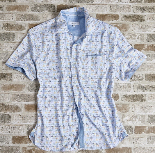 Nicoby Textured Short Sleeve Button up with Bicycles Stretch Printed Shirt