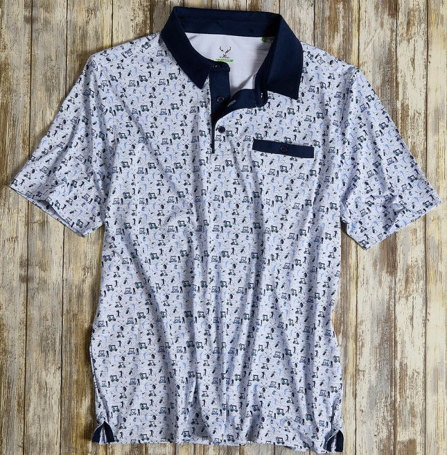 Nicoby Performance Print Polo with Golfers and Golf Cart