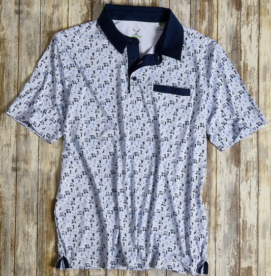 Nicoby Performance Print Polo with Golfers and Golf Cart