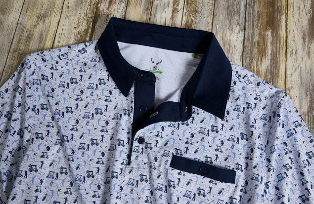 Nicoby Performance Print Polo with Golfers and Golf Cart