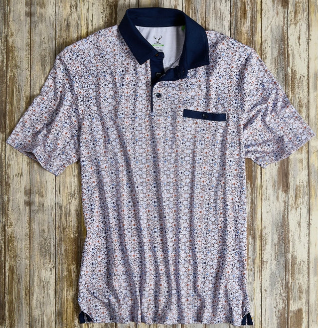 Nicoby Short Sleeve Performance Print Polo in Navy and Orange