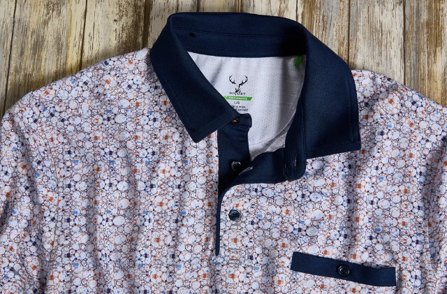 Nicoby Short Sleeve Performance Print Polo in Navy and Orange