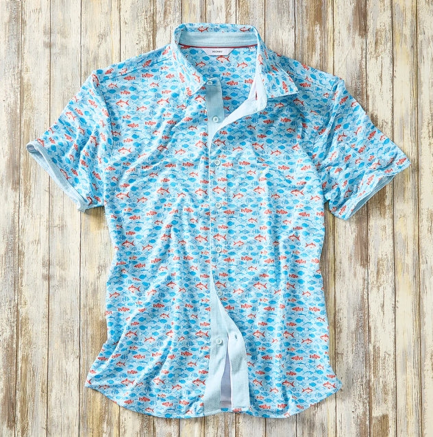 Nicoby Turquois, Navy and Orange Fish Camp Shirt