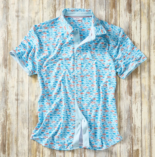 Nicoby Turquois, Navy and Orange Fish Camp Shirt