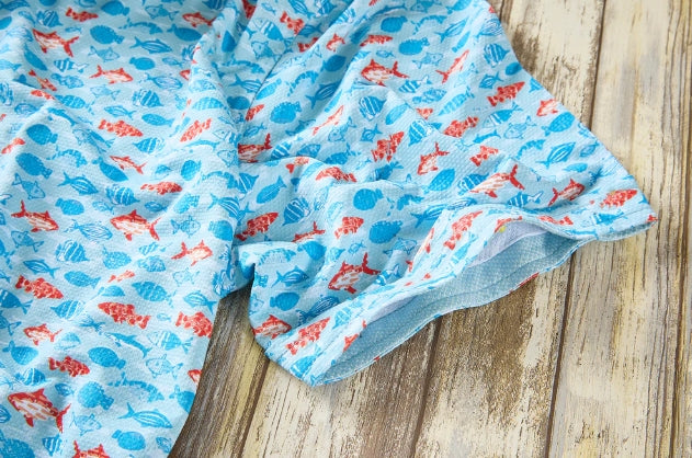 Nicoby Turquois, Navy and Orange Fish Camp Shirt