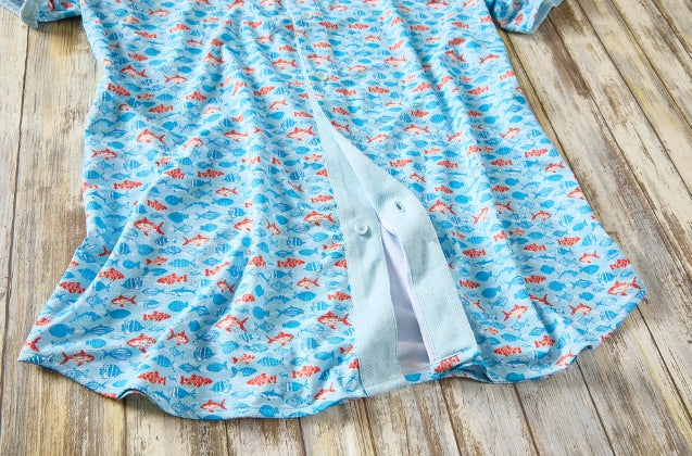 Nicoby Turquois, Navy and Orange Fish Camp Shirt