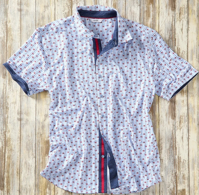 Nicoby Blue and White Stripe with Red Crabs Camp Shirt