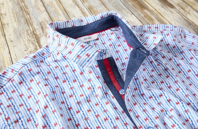 Nicoby Blue and White Stripe with Red Crabs Camp Shirt