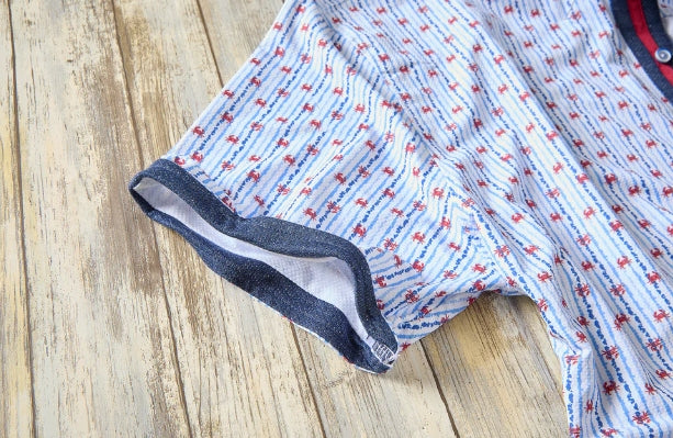 Nicoby Blue and White Stripe with Red Crabs Camp Shirt