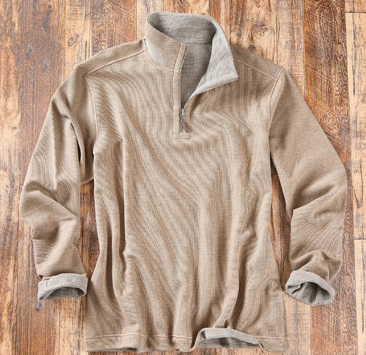 Nicoby Reversible Waffle Knit Quarter Zip Tan/Light Grey