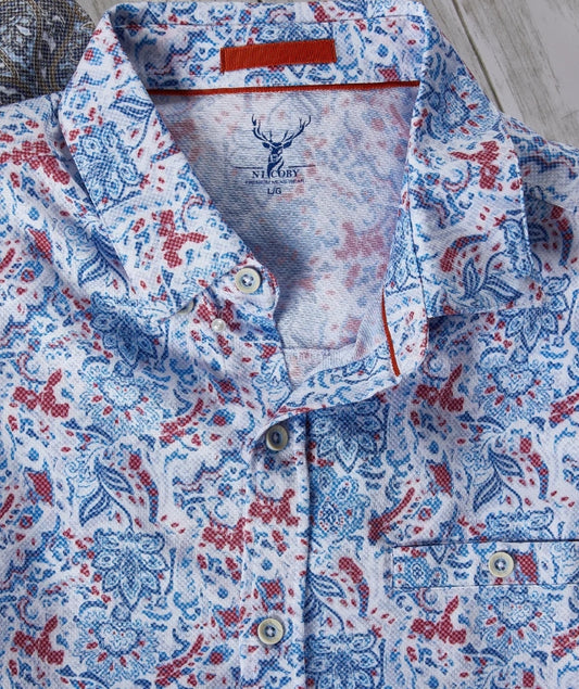 Nicoby White, Red and Blue Paisley Short Sleeve Camp Shirt on clearance