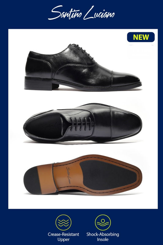 Santino Luciano Black Captoe Balmoral Faux Leather Dress Shoe