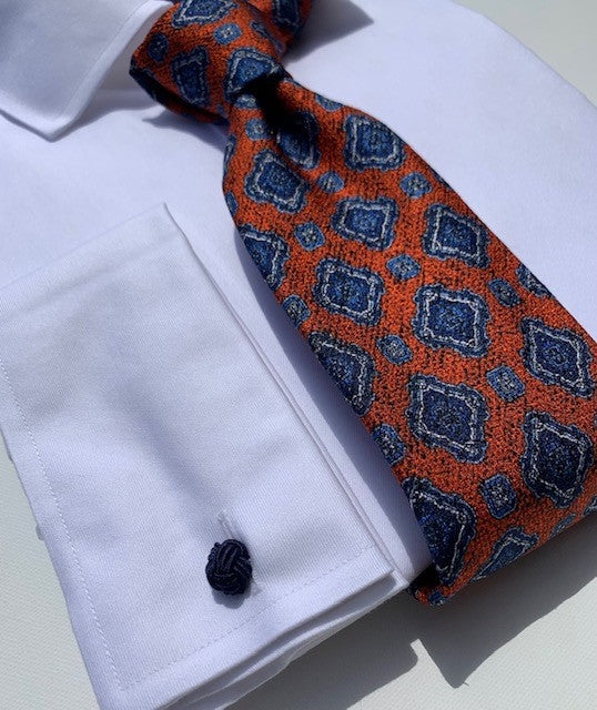 Geoff Nicholson Hamstead Collection Tie Made in Italy Orange and Blue Medallion