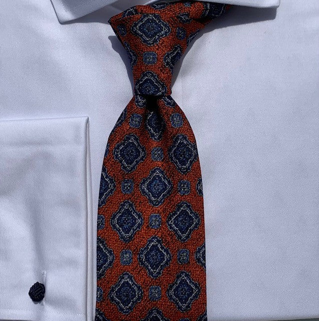 Geoff Nicholson Hamstead Collection Tie Made in Italy Orange and Blue Medallion