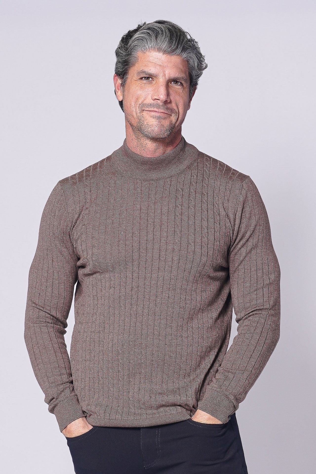 7 Downie St. Taupe Cotton Blend Mock Neck Sweater
