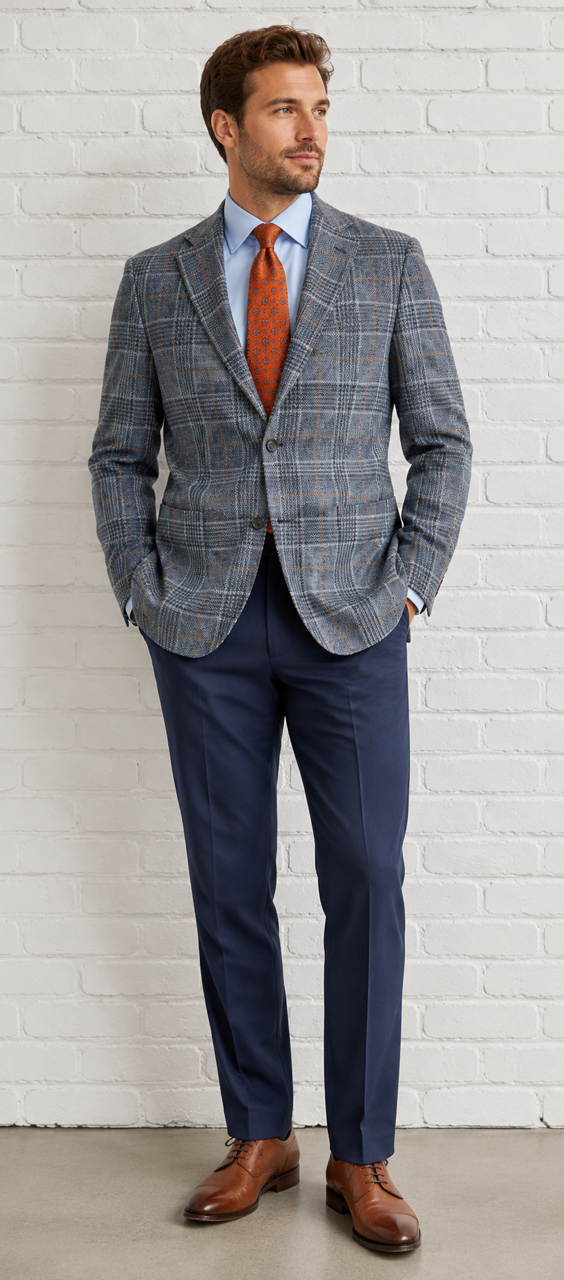Scabal Medium Blue and Orange Windowpane Wool and Linen SoHo Jacket Riviera Trend