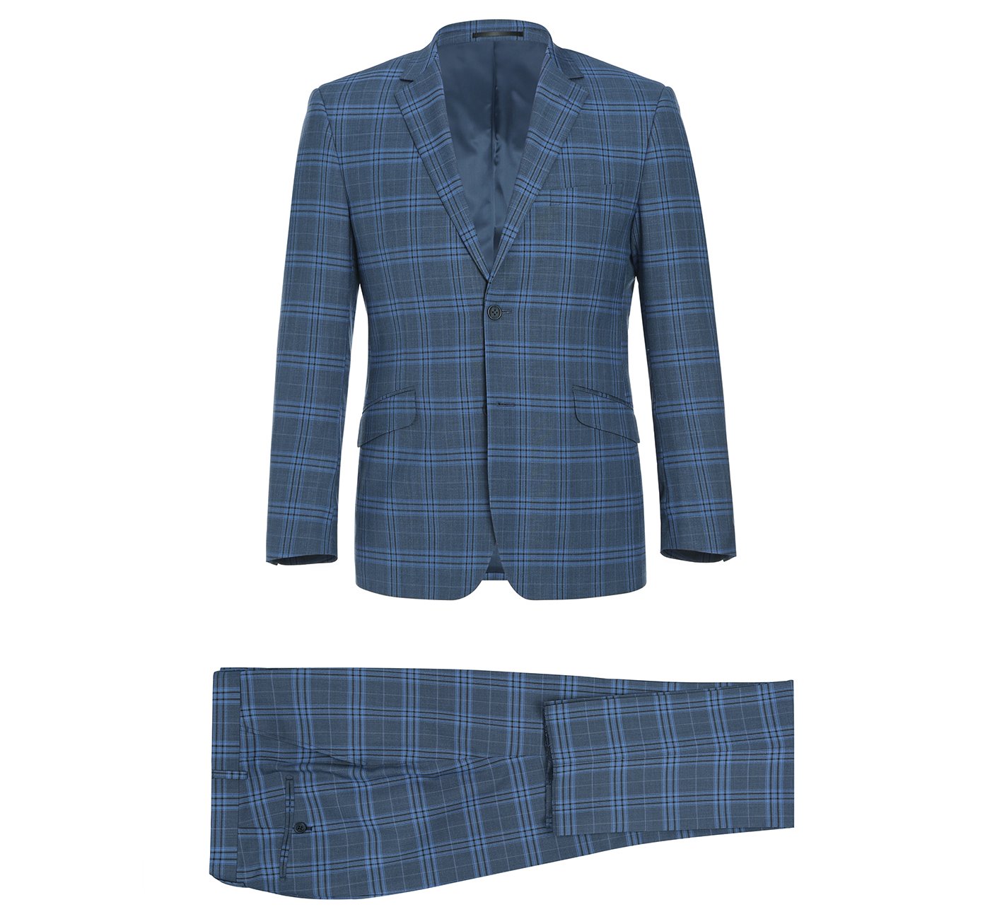 293-4 Men's 2-Piece Slim Fit Notch Lapel Blue Plaid Windowpane Suit