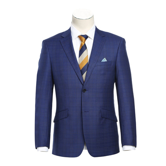 563-7 Men's Slim Fit Wool Blend Blue Plaid Sport Coat