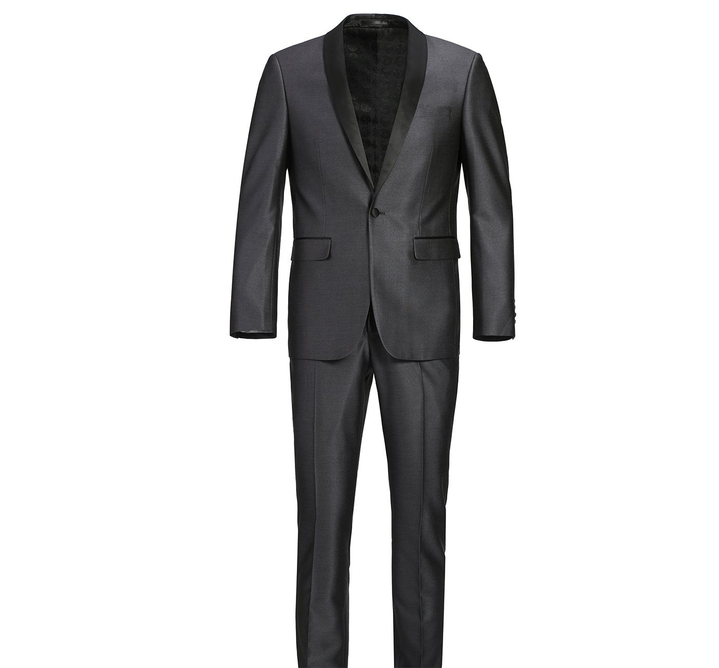 201-17 Men's Black/Grey Sharkskin with Black Satin Shawl Lapel Slim Fit 2-Piece Tuxedo
