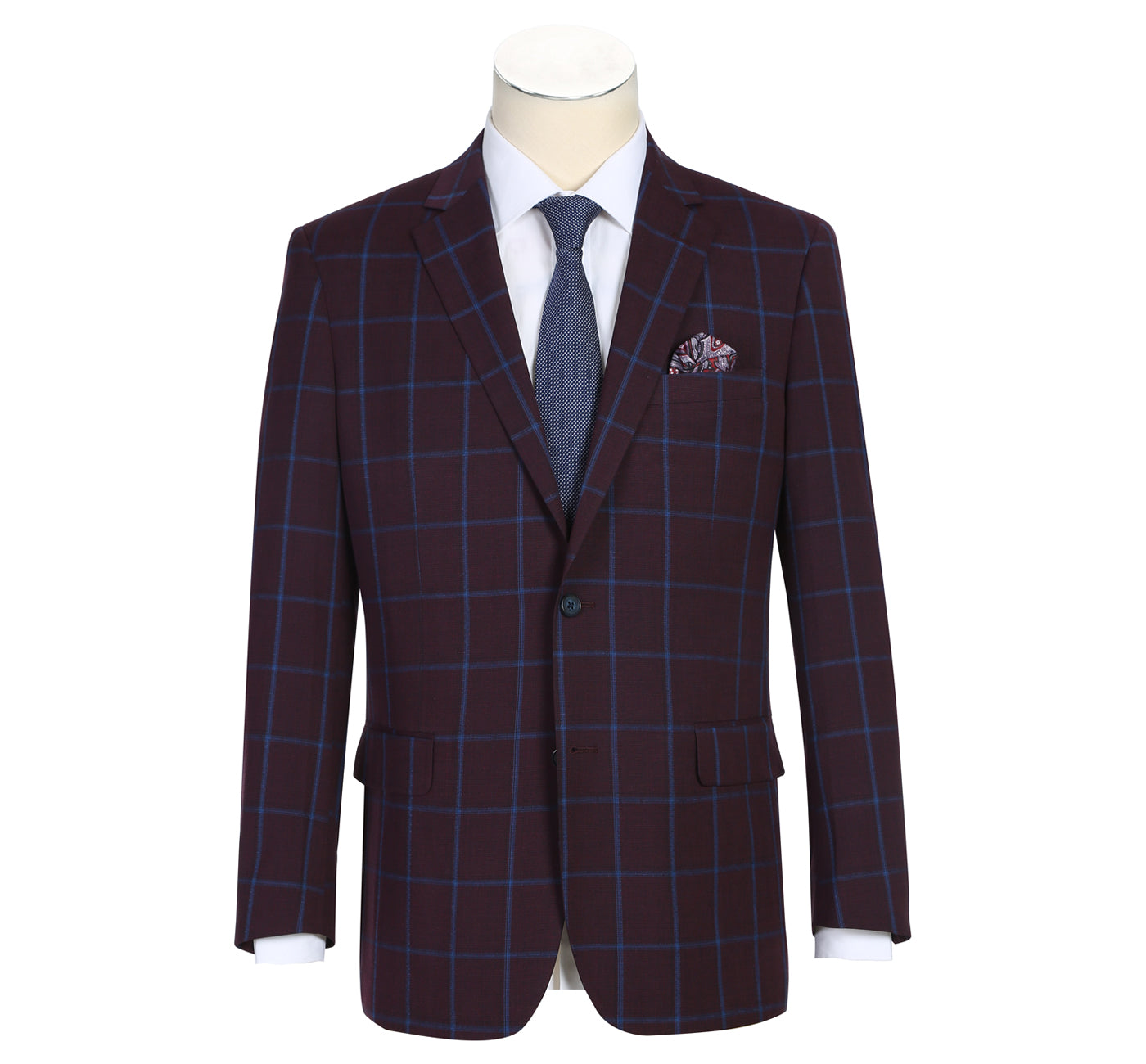 294-6 Men's Slim Fit Two Button Burgundy with Blue Check Sportscoat