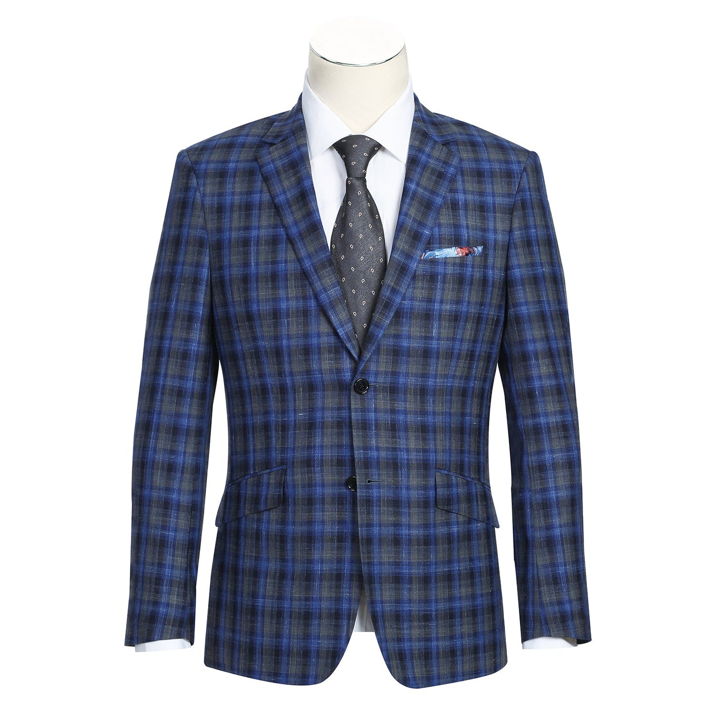 563-1 Men's Slim Fit Wool and Linen Blend Blue and Grey Plaid Sport Coat