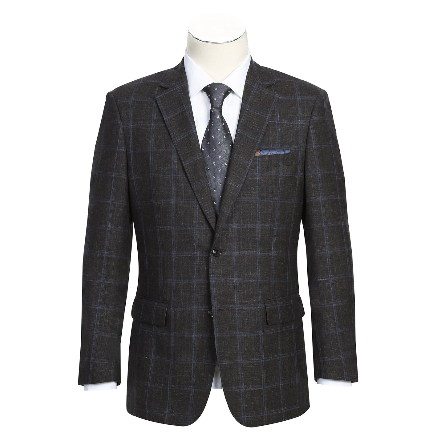 563-6 Men's Classic Fit Wool and Linen Blend Brown Windowpane Sport Coat