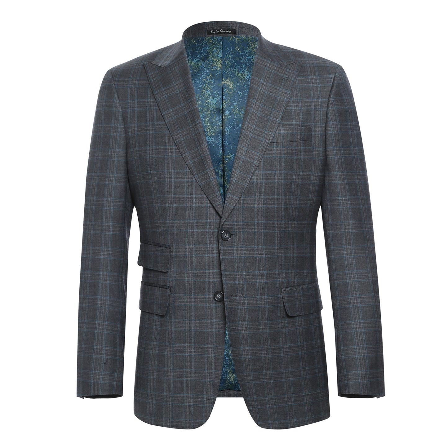 EL62-68-095 English Laundry Slim Fit Wool Blend Gray Plaid Peak Lapel Suit