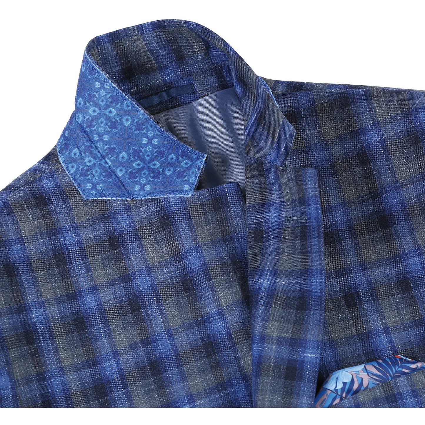 563-1 Men's Slim Fit Wool and Linen Blend Blue and Grey Plaid Sport Coat