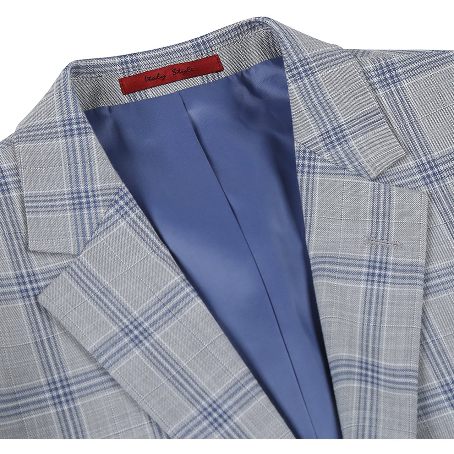 293-15 Men's Slim Fit Notch Lapel Light Gray and Blue Windowpane Suit