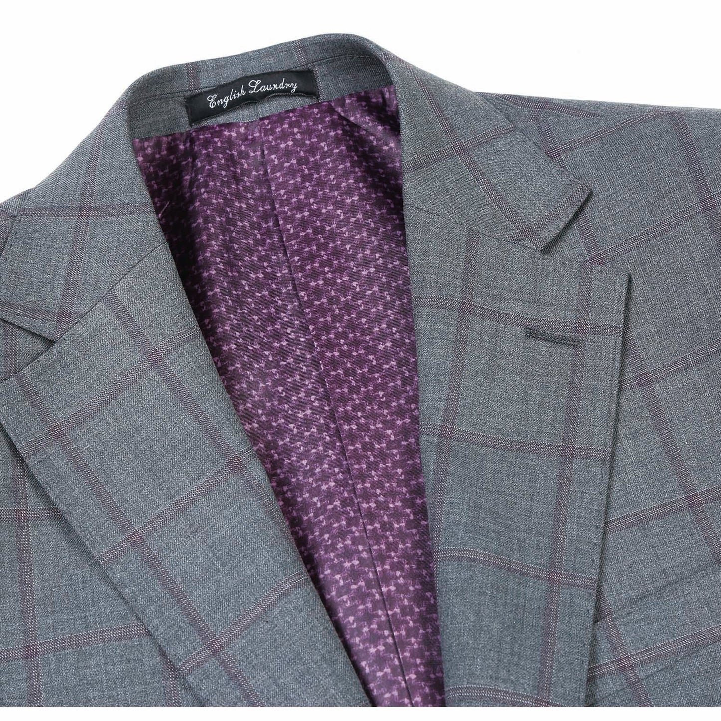 EL82-61-092 Slim Fit Gray and Burgundy Windowpane Wool Suit
