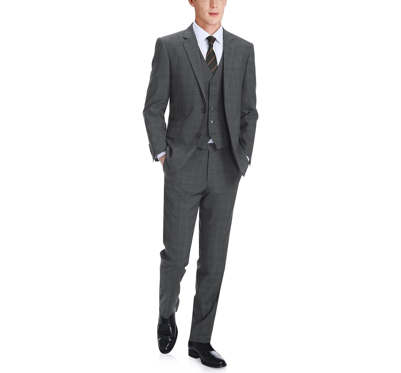 278-1 Men's 3-Piece Classic Fit Single Breasted Grey Windowpane Suit