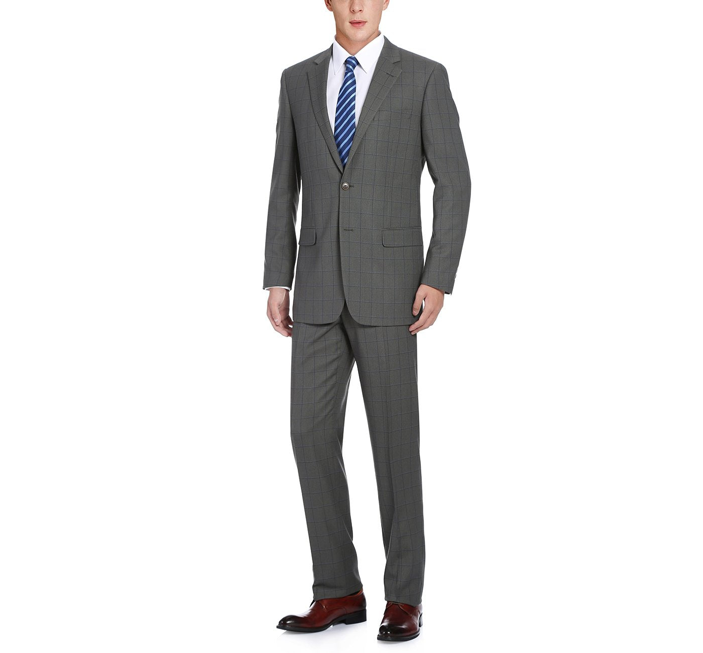 292-2 Men's Two Piece Classic Fit Grey Windowpane Suit