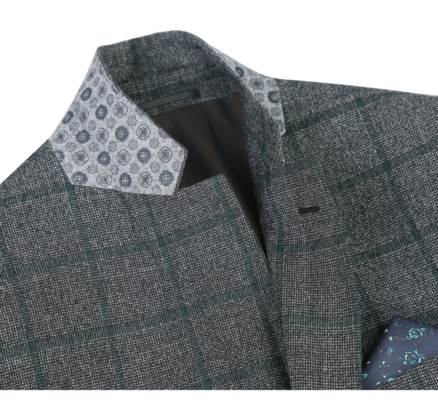 556-3 Men's Classic Fit Grey and Green Plaid Wool Blend Sport Coat