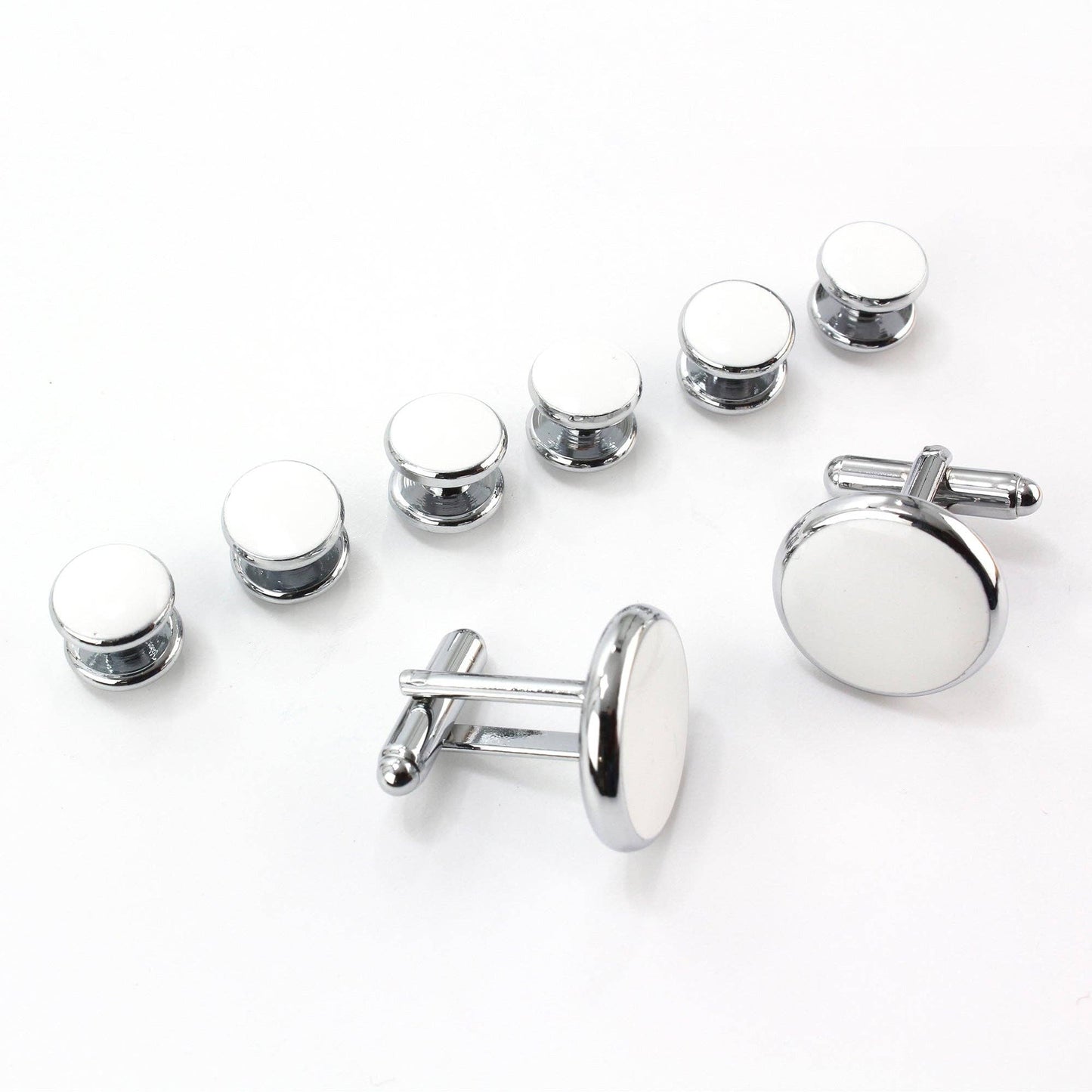 Silver Finished White Insert Cufflinks and Dress Stud Set