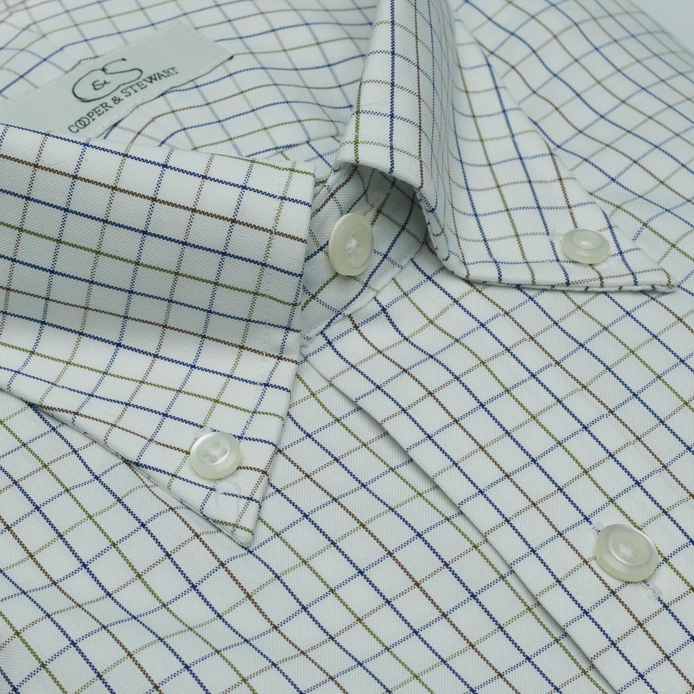 Cooper and Stewart Off White with Blue and Green Check Button-Down Non-Iron Dress Shirt