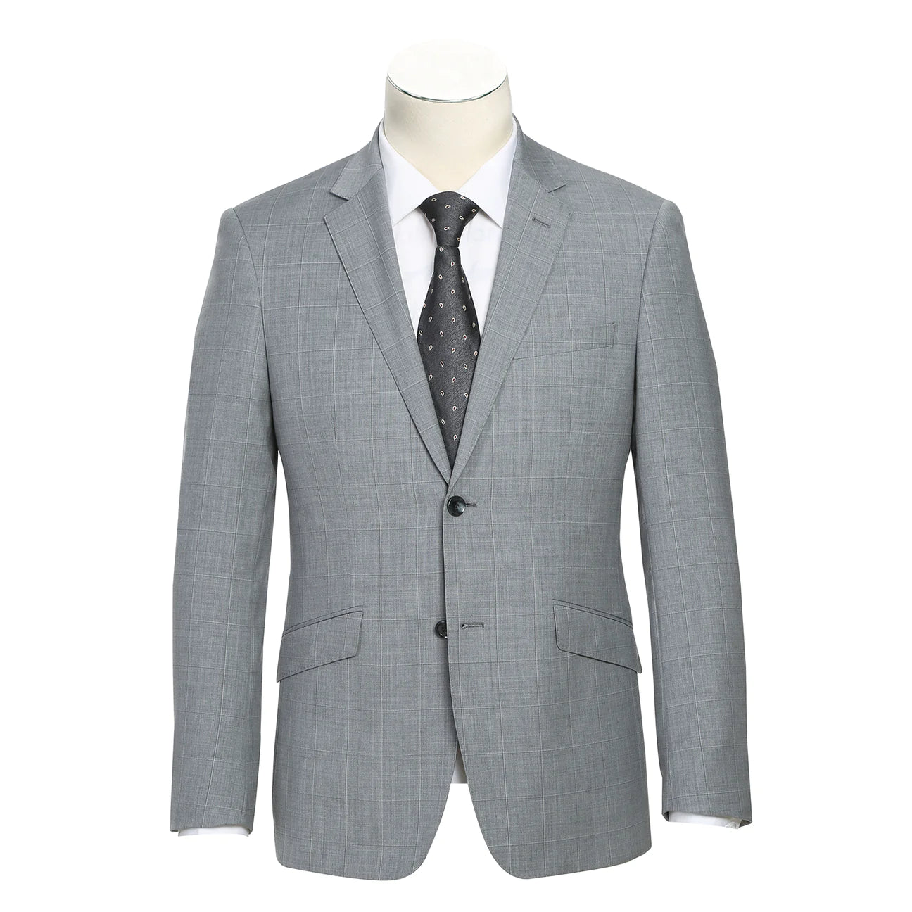 Renoir Slim Fit Wool Blend Light Grey Windowpane Stretch Suit