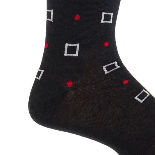 DAPPER CLASSICS BLACK WITH MERCURY GREY SQUARES AND RED DOTS WOOL SOCK