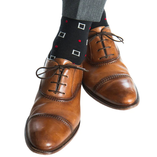 DAPPER CLASSICS BLACK WITH MERCURY GREY SQUARES AND RED DOTS WOOL SOCK